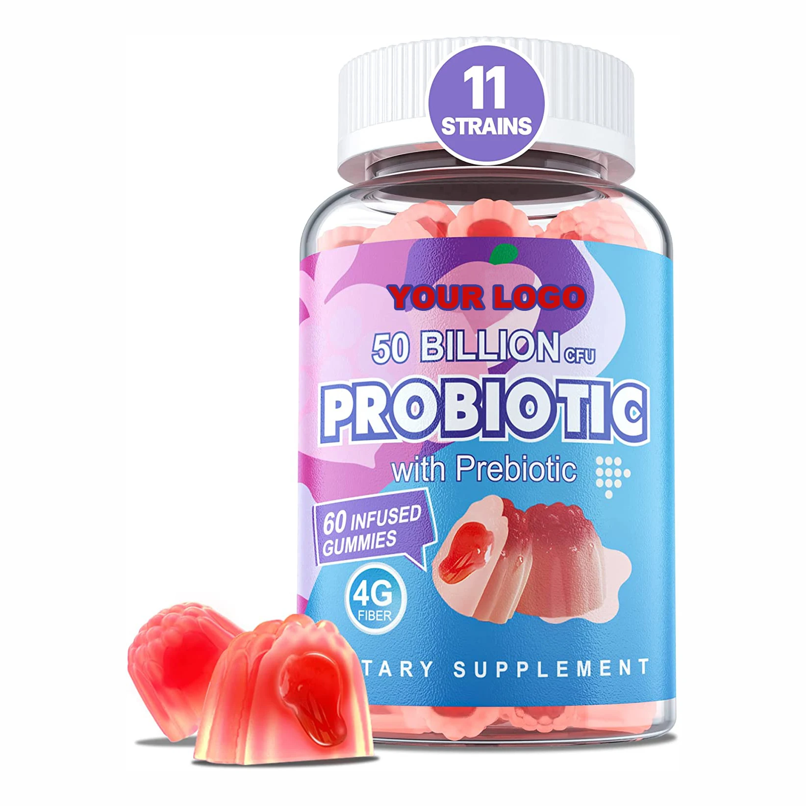 Adult Probiotic Gummies 50 Billion CFU 11 Strains Sugar-Free Prebiotics Fiber Supplement in Capsule Supports Digestive Health