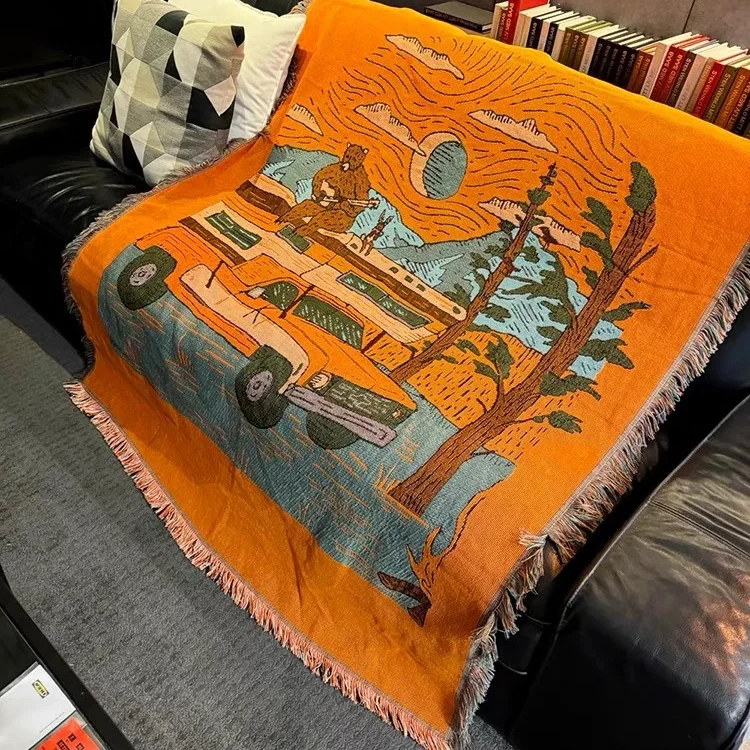 New Custom Design Personalized Woven Throw Picnic Rugs Travel Camp Jacquard Woven Blanket Camping Blanket