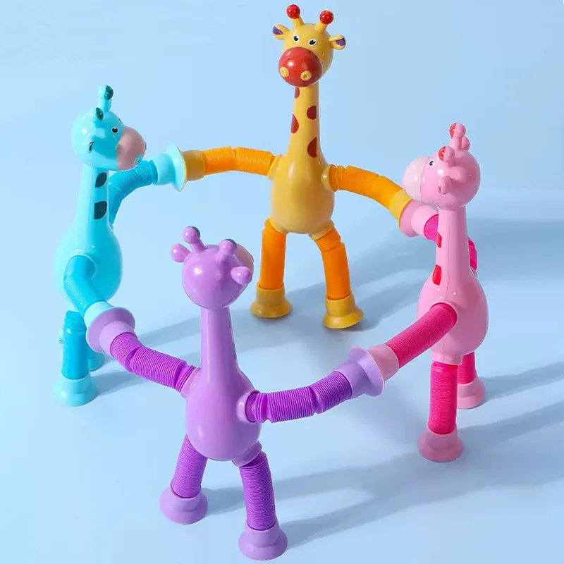 Decompression Cute Cartoon Animal Giraffe Led Magic Sensory Stretch Plastic Suction Pop Tube Fidget Toy Sets For Baby