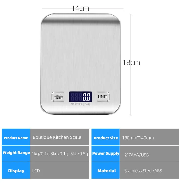 Aaa Batteries Powered Stainless Steel & Abs High-Precision Sensors Electronic Digital Kitchen Food Scale 5kg Coffee Scale