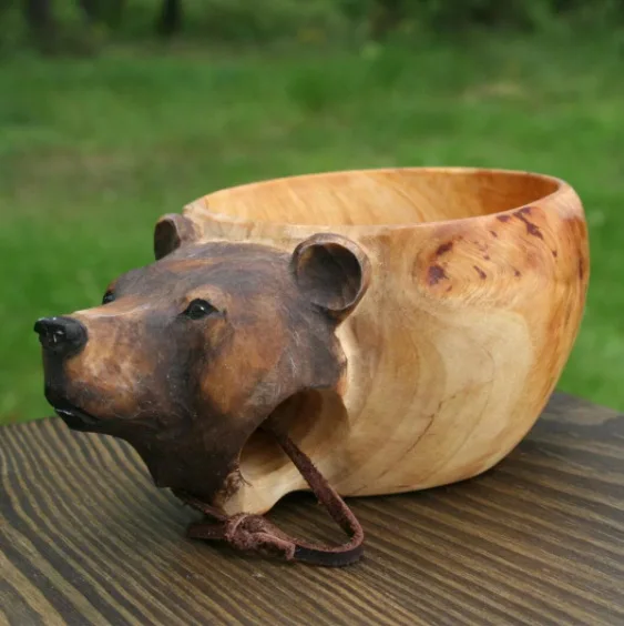 Home Decoration Wooden Crafts Mug Outdoor Animal Hand Made Sculpture Wooden Water Cup