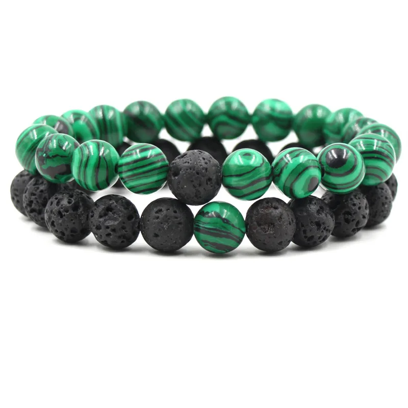 European Hot Selling Strand Jewelry 2Pcs/Set Couple Distance Bracelet Natural Malachite Beads Lava Stone Beaded Bracelet Set