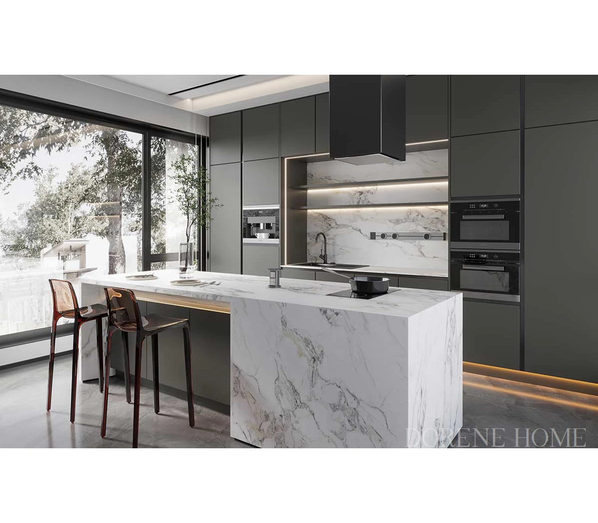 2023 Hotel Household 2 Pac Handleless China Design Cheap Island One Black Dark Grey Color Kitchen Cabinet Complete Set