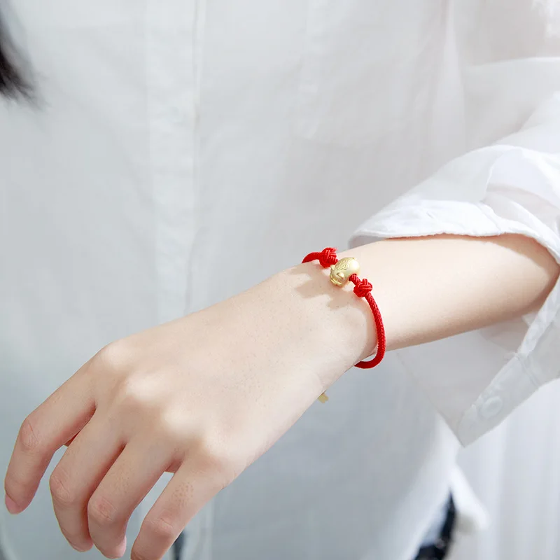 Lucky Rope Bracelet Chinese Style Bright Red Gold Bead Adjustable Bracelet Hand Braided Knots Protection Faith Unisex