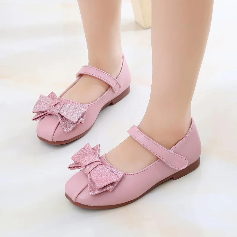 
peep-toe 3-12 years loafer youth student kids children little girl baby bowknot pink gold black leather mary jane casual shoes 