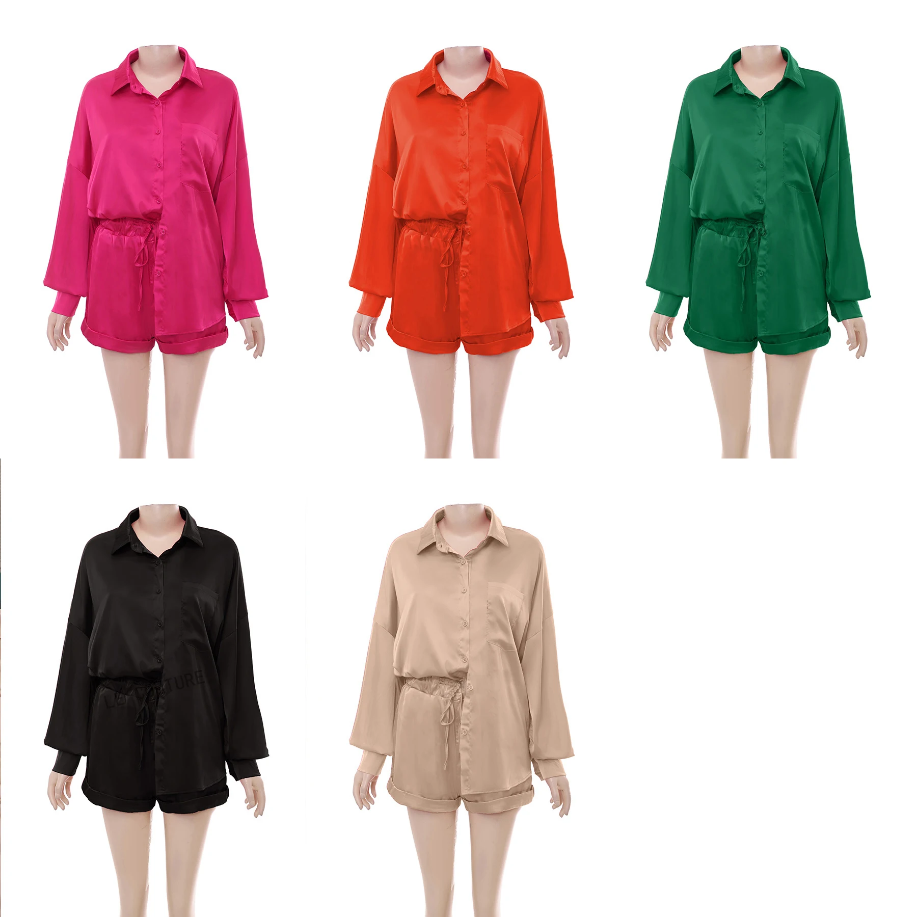 Summer High elastic satin shoulder-length sleeve top with wide-leg short pant two-piece suit