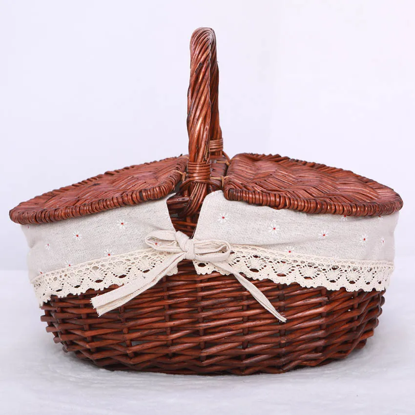 Wholesale Country Style Insulated Wicker Picnic Basket Hamper with Lid and Handle & Liners