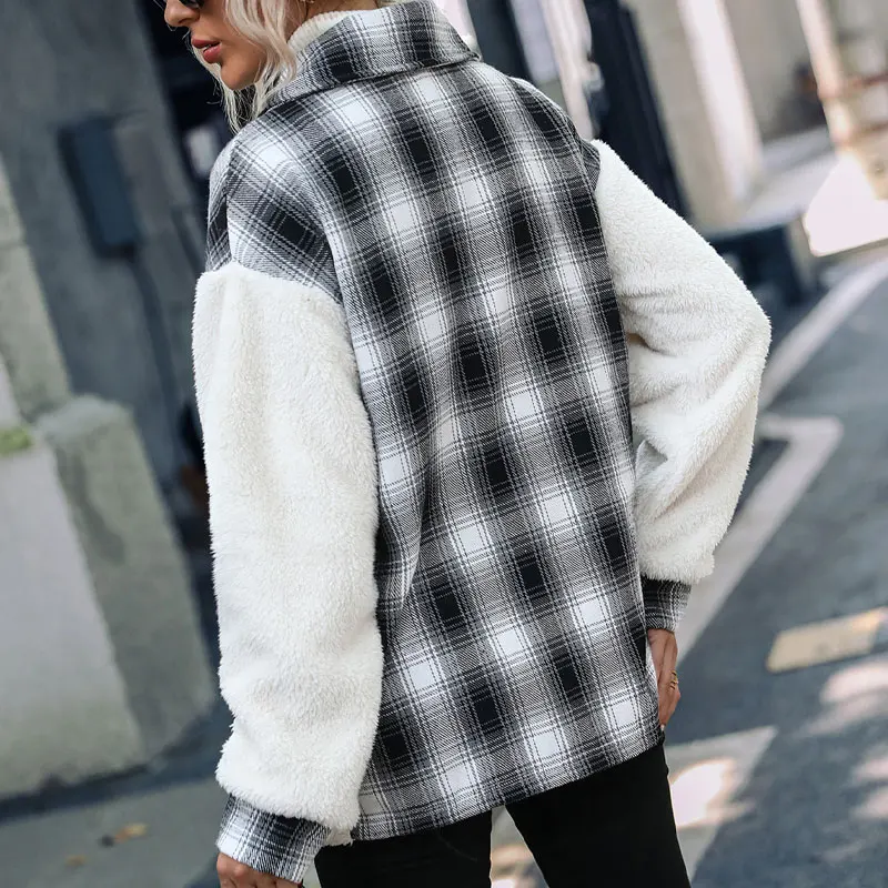 Plush Coats Plushplush Winter Plush Coats Women Single Button Lapel Plaid Faux Fur Jacket With Pocket