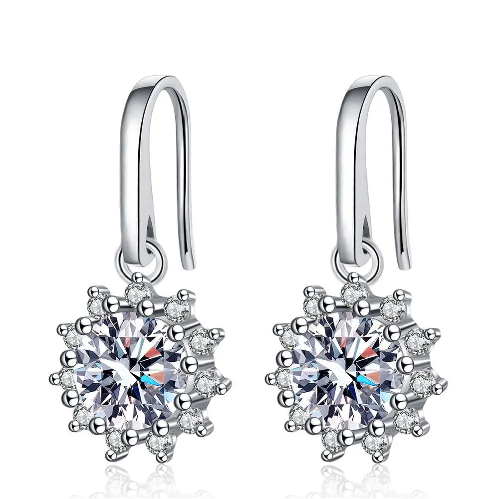 Classic Simple Sunflower Moissanite Diamond S925 Sterling Silver New Ear Hooks Female
