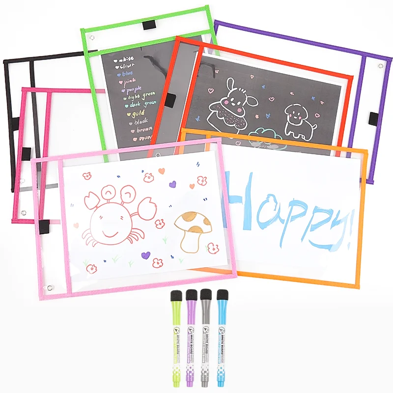 Portable  Erasable A4 PET/PVC Dry Erase Pocket Reusable Plastic Dry Erase Pockets With Pen Holder