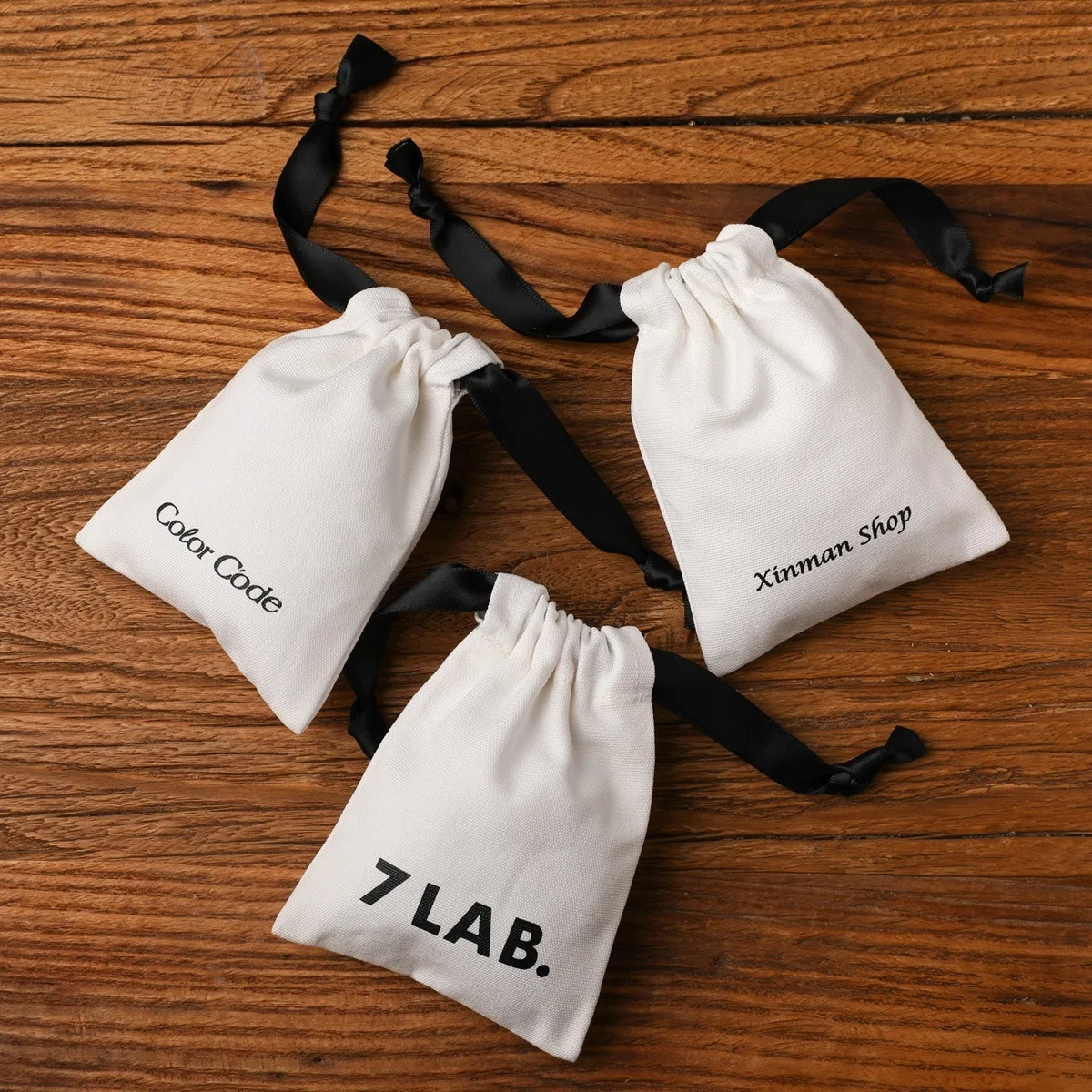 Personalized black canvas cotton packaging drawstring bag double grosgrain satin ribbon jewelry natural pouch