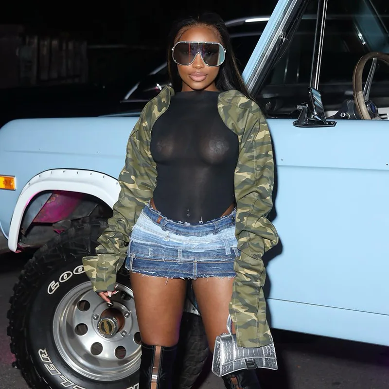 X2183 - hot sale long sleeve camouflage mesh see through sexy women short bodycon jumpsuits