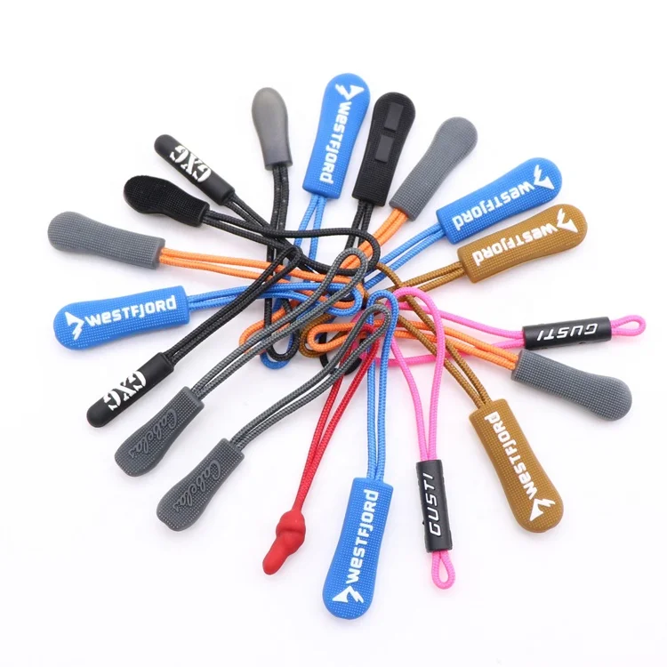 Wholesale Fancy Rubber Design Custom Logo Puller Silicon Long Zipper Head Puller Zinc Alloy Zipper Slider for Garment