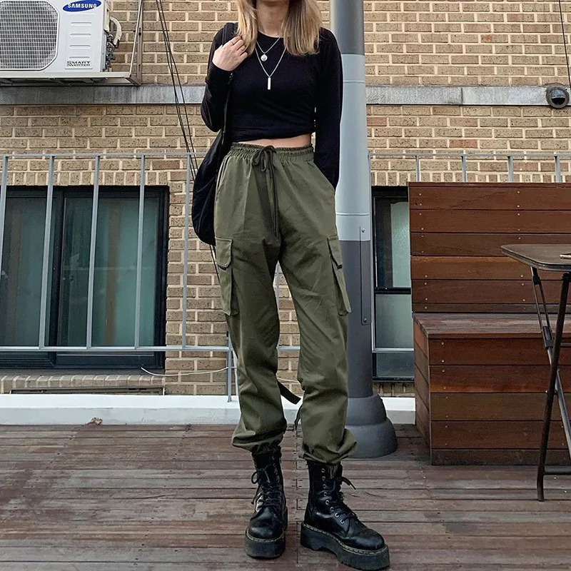KHG8704  2019 autumn fashion women multi pocket high waist casual stretching cargo pants