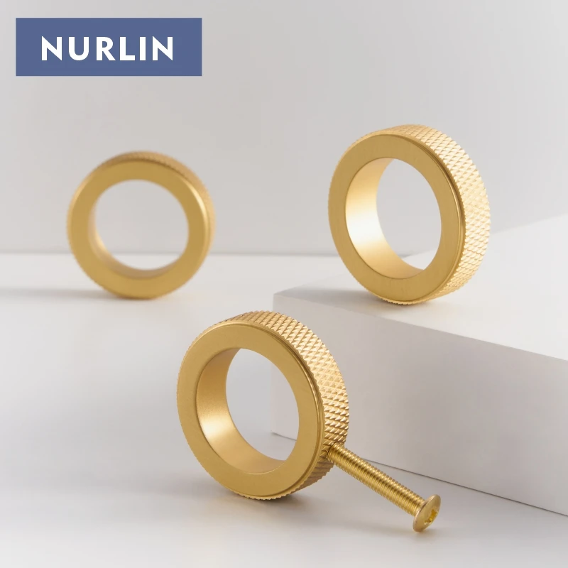 Nurlin Solid Brass Diamond-cut Cross Knurled Circular Ring Cabinet Wardrobe Knobs Furniture Drawer Finger Ring Handle Knurling