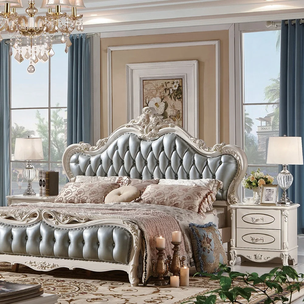 French Royal Style Bedroom Furniture Double Bed Luxury White Wood Carving Frame King Size Leather Bed