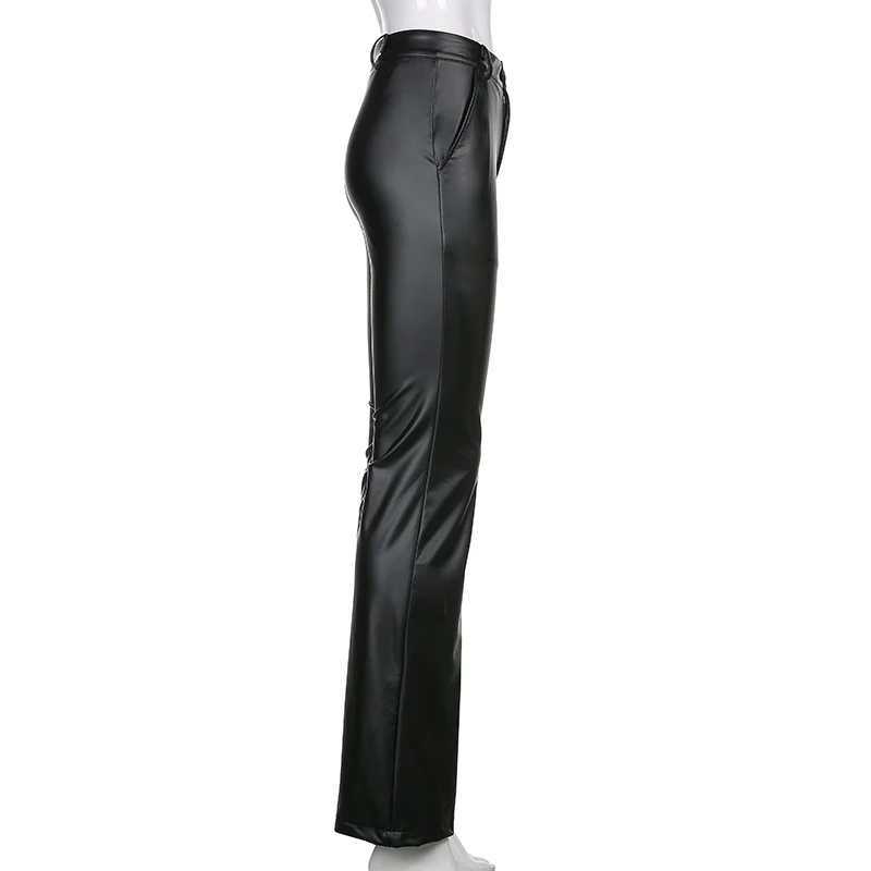 new designs PU faux leather ladies flare pants elastic materials high waist