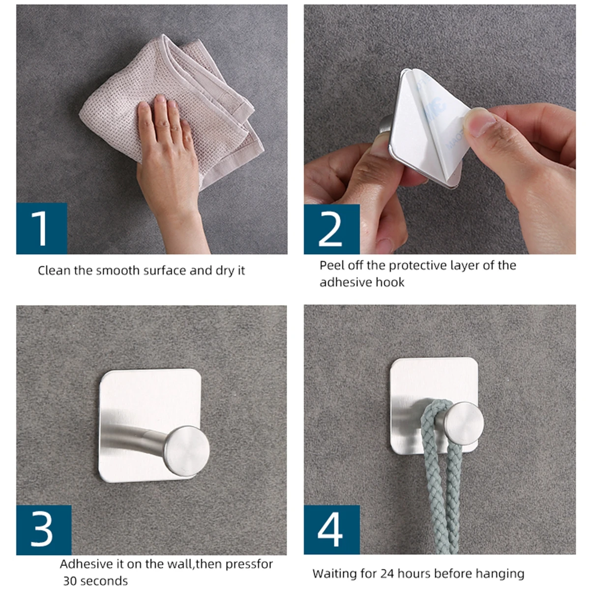 Wall Mounted Stainless Steel No-Punch Robe Hooks Strong Adhesive for Kitchen or Bathroom Storage Use