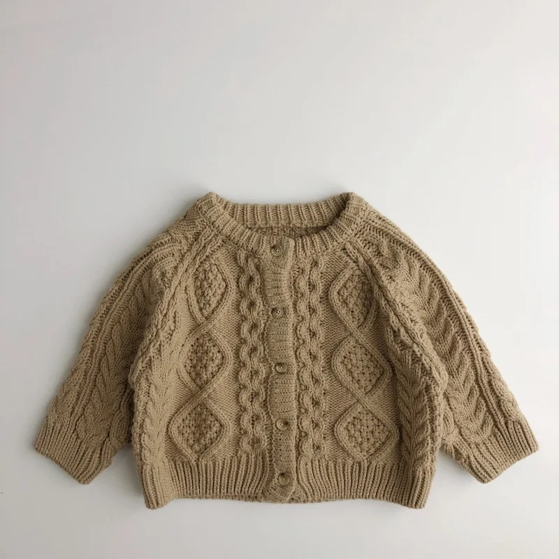Ivy42460A 2024 winter baby boys girls sweater kids cotton solid knitted cardigans children natural color knitwear coat
