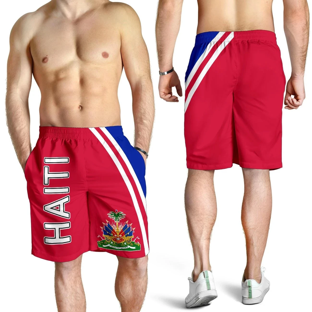 RED BLUE haitian flag clothing mens swim short summer beach wear mens mesh custom short trunk for boy wholesale