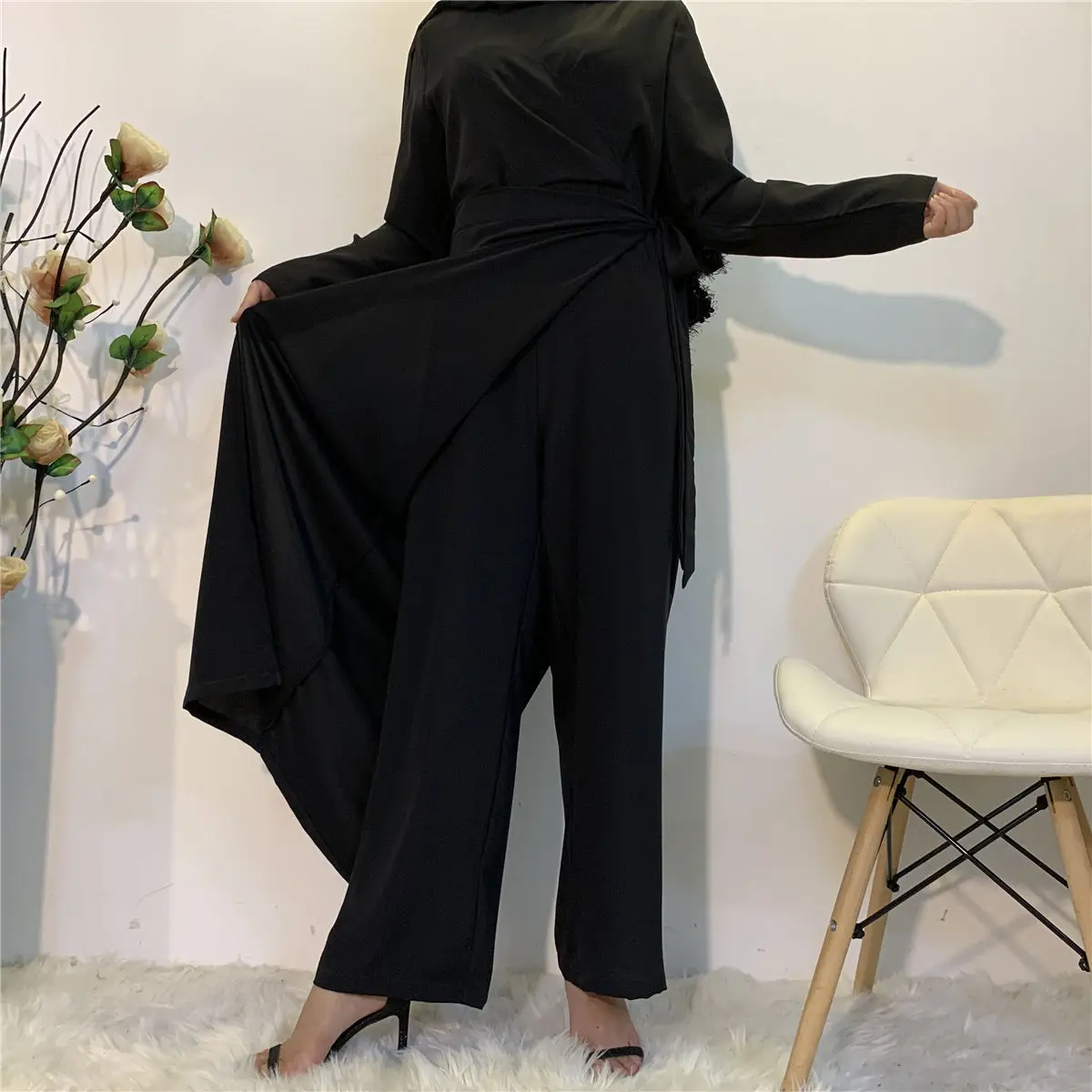 V-neck women Islamic patchwork clothes female solid color Muslim jumpsuits adults one-piece clothing sets