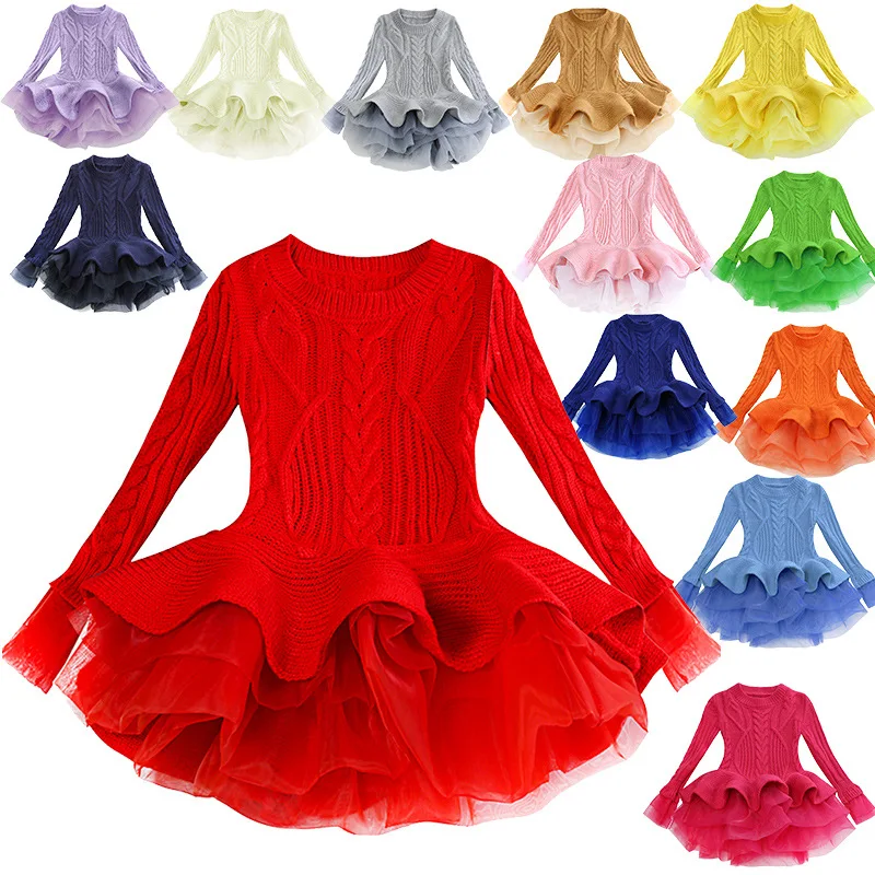 2021autumn and winter models girls organza sweater dress long sleeves puff Princess dress