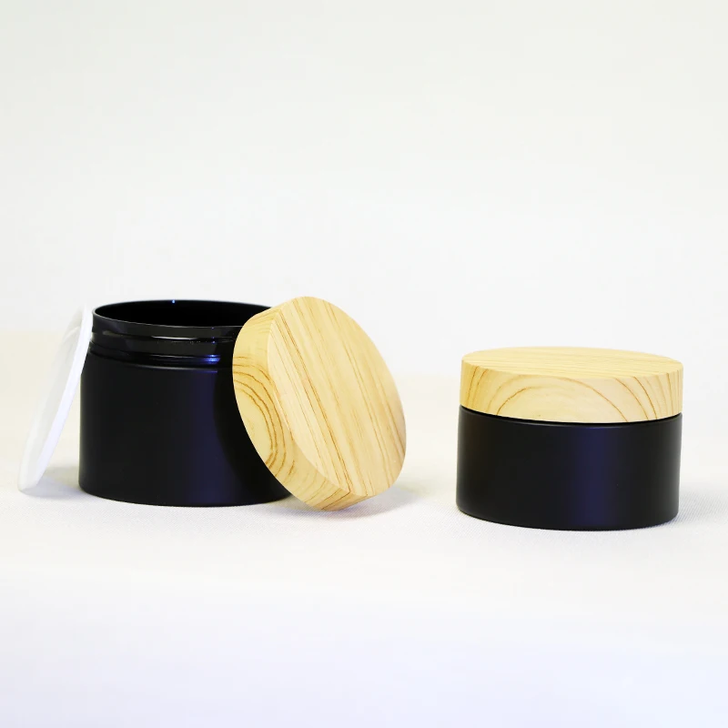 Custom Customized Cosmetic Jar Factory 8oz 50g 100g Plastic Matte black Cosmetic Cream Jar With Bamboo Lid