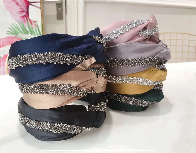 New Arrivals Wholesale Women Fashion Solid Color Head Band Hair Accessories Crystal Rhinestone Beaded Knotted Cross Head Bands