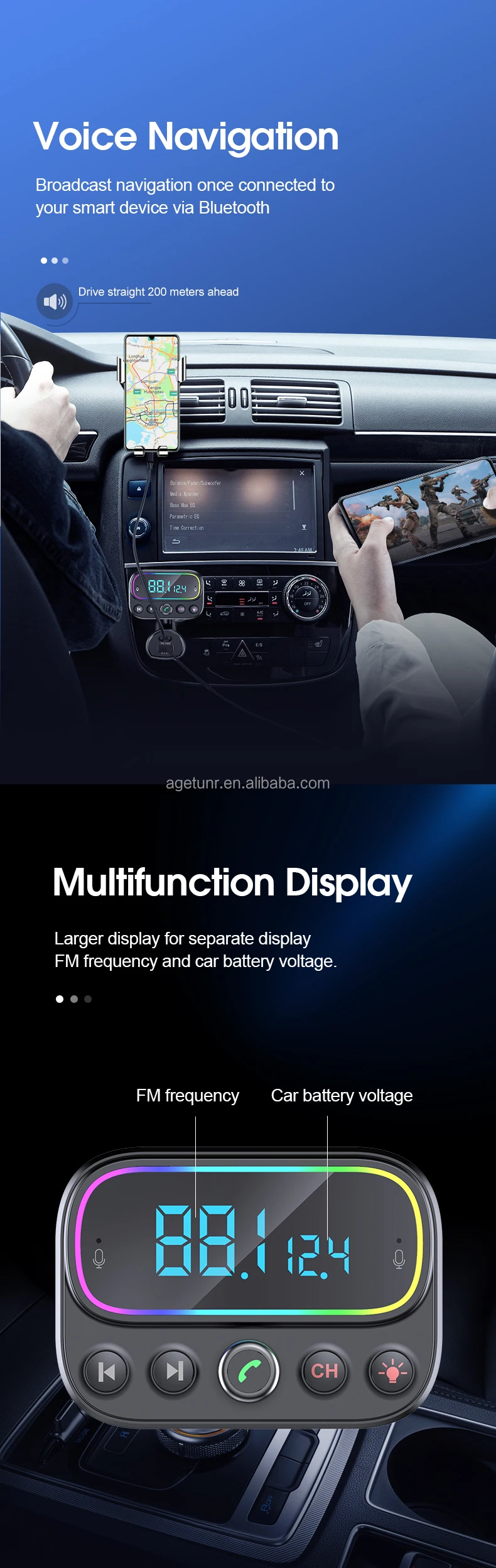 AGETUNR T67 BT V5.0 USB Type-c Handsfree Qc3.0 Fast Car Charger MP3 Player AUX Out Dual Mic Fm Transmitter Modulator for Car