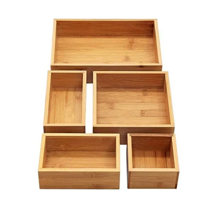 Bambus 5 Piece Bamboo Storage Box Drawer Organizer Set Storage Organizer Divider for Office Desk Supplies