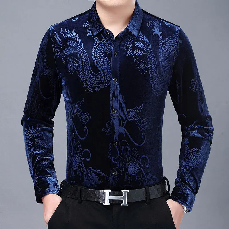 На пуговицах Social Party сорочка Slim Fit повседневные топы с длинным рукавом класса люкс с вышитым китайским драконом бархатная рубашка