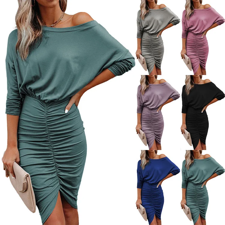 W-C-1295A S-3XL Fall Lady Fashion Elegant Plus Size Solid Color Pleated Bodycon Slim Fit Women Dress