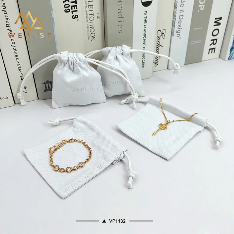 Webest Recyclable Muslin Drawstring Gift Dust Pouch Lipstick Pouch Fabric Jewellery Pouch White with logo Print