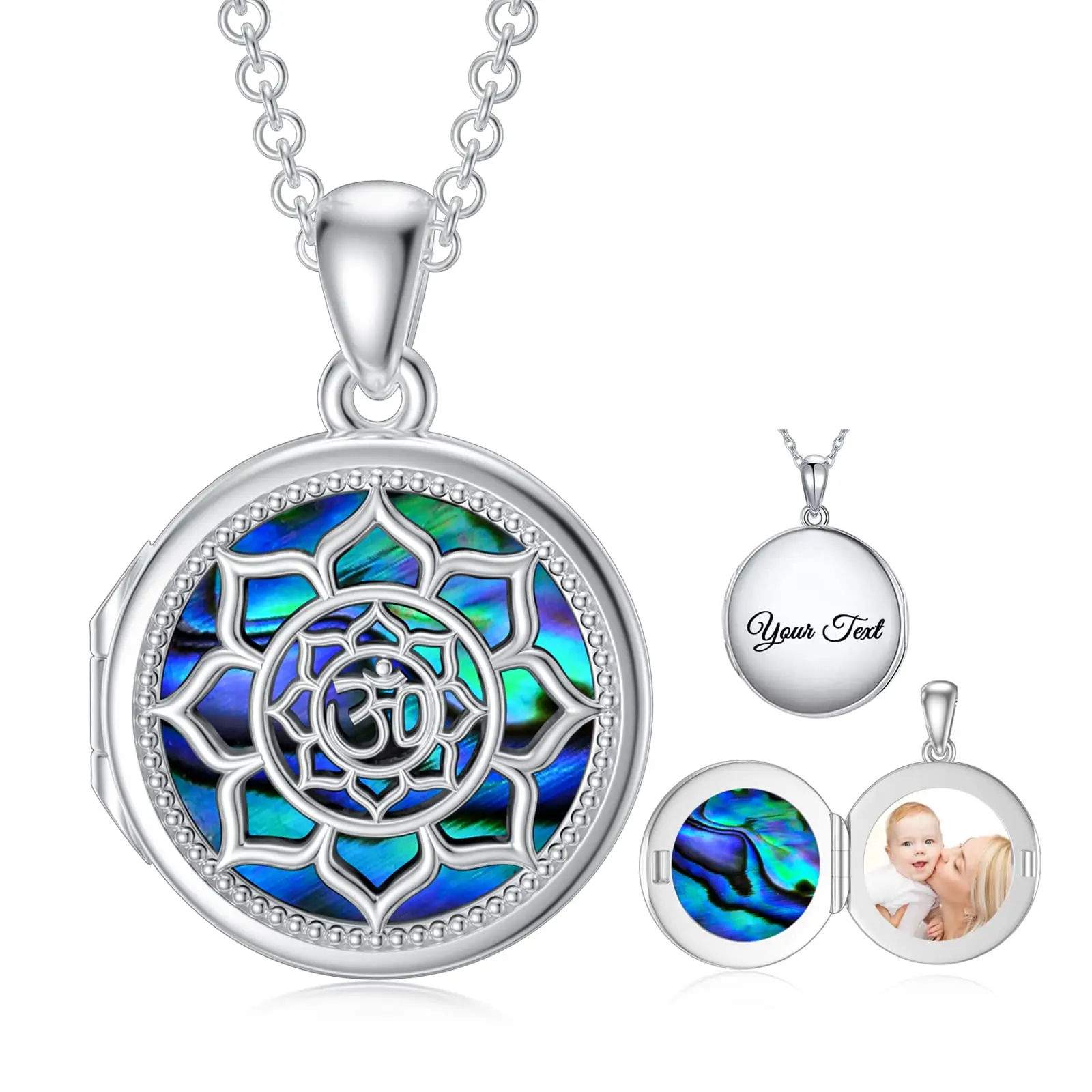 Wholesale High Quality 925 Sterling Silver Abalone Shell Lotus Photo Locket Pendant Necklace