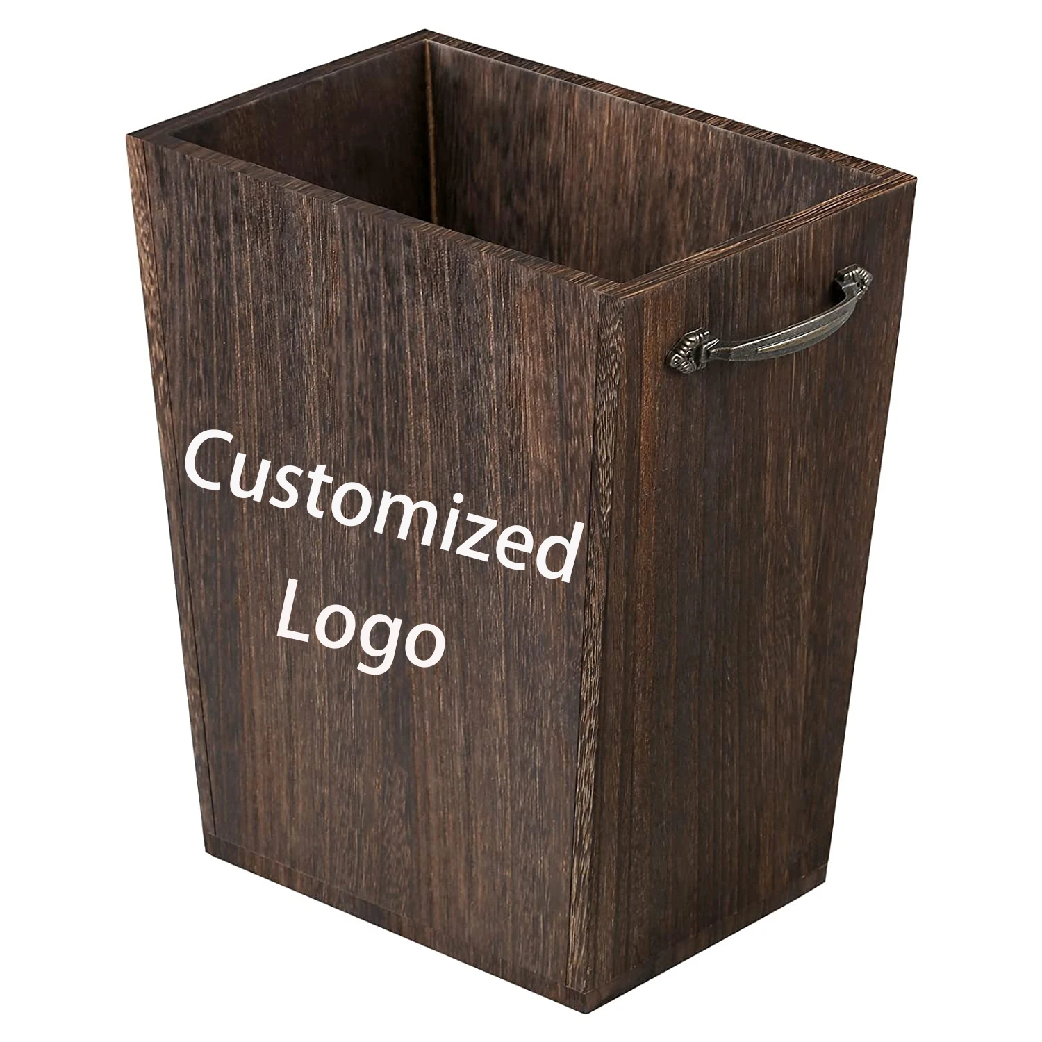 Rustic Brown  Small Square Farmhouse Garbage With Handle Wastebasket Wood Trash Can For Bedroom Living Room Home Kitchen Office