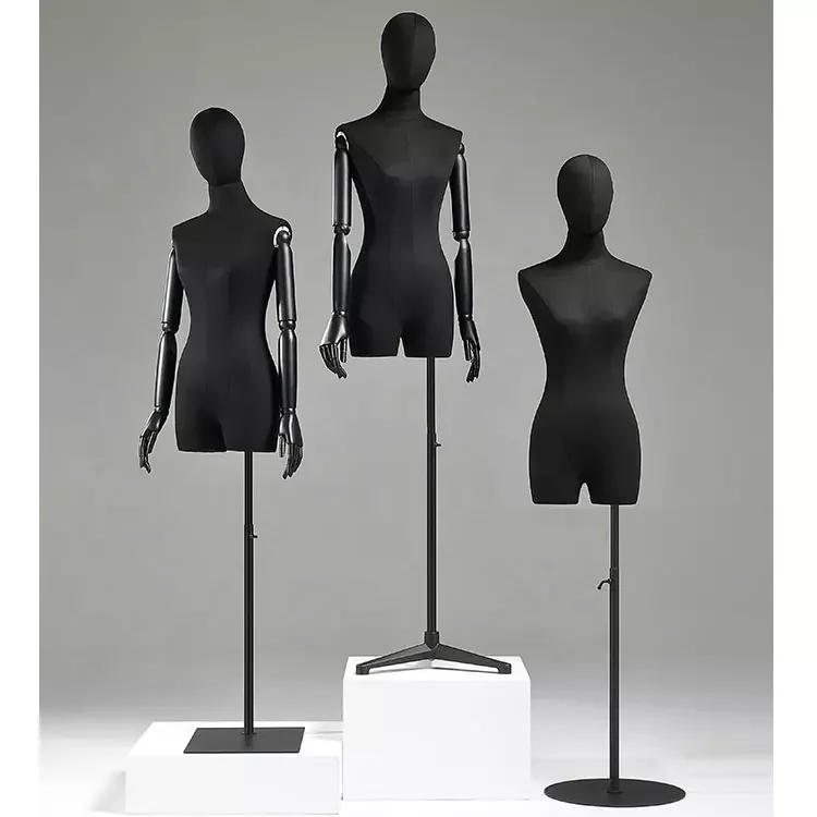 Adults upper body fabric covered female mannequins black dress form dummies with flexible wood arms for clothing store display