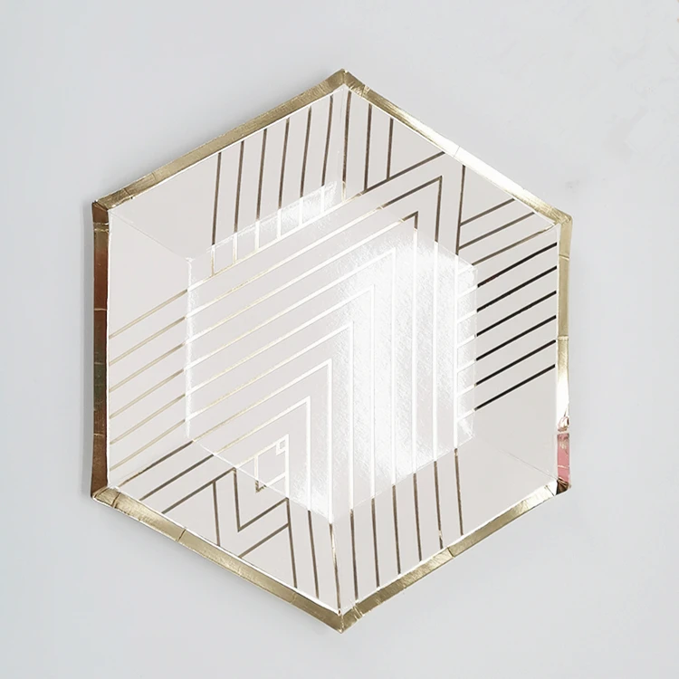 Disposable 7inch hexagon style V stripe gold stamping paper plates