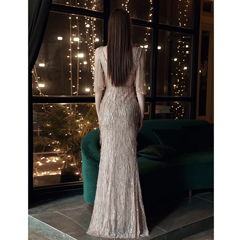 Sequin Tassel Drill Off Shoulder Sleeve Fish Tail Evening Dress Women Prom Wedding Dresses
