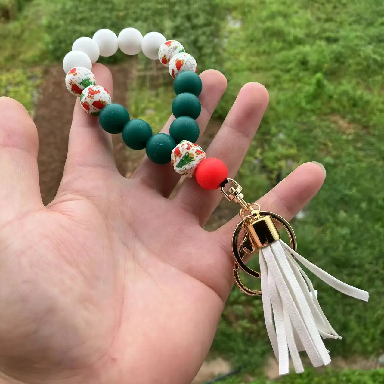 9 Colors Christmas Custom Silicone Snowman Tree Beaded Keychain Wristlet Keyring Bracelet for Women Bag