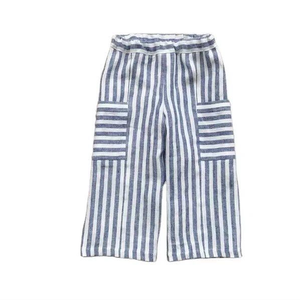 Custom children clothes fall autumn elastic-waisted linen cotton striped slacks boy children pants with pockets