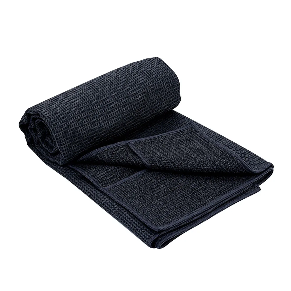 Black no-slip packable microfiber waffle texture yoga sport gym towel invisible silicon dots yoga towel with pockets