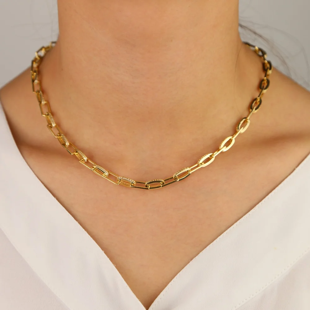 Promotion 45cm square link chain iced out bling micro pave cz women Modern Cable Chain Necklace