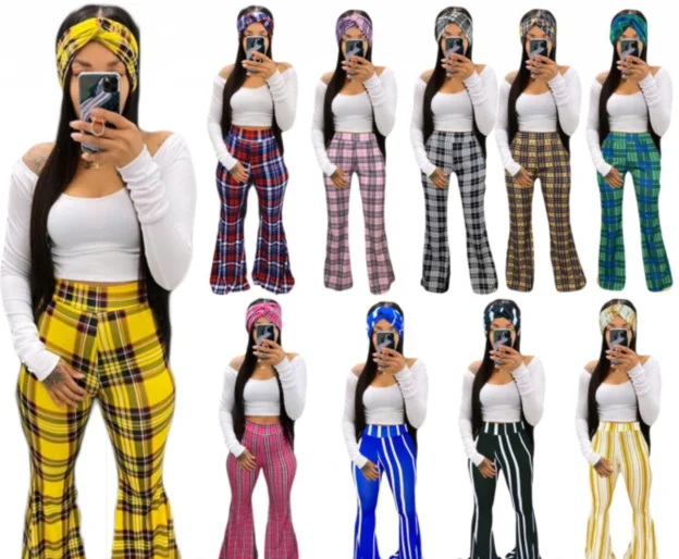2020 matching women set high waist cotton knitted stripe plaid flare leg pants and women top scarf three piece set