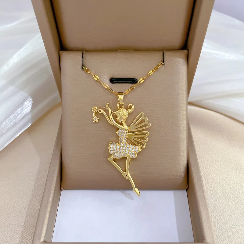 Fashion Titanium Steel 18K Gold Plated Ballet Dancer Girl Necklace Shinny Diamond Zircon Dancing Girl Lady Necklace Jewelry