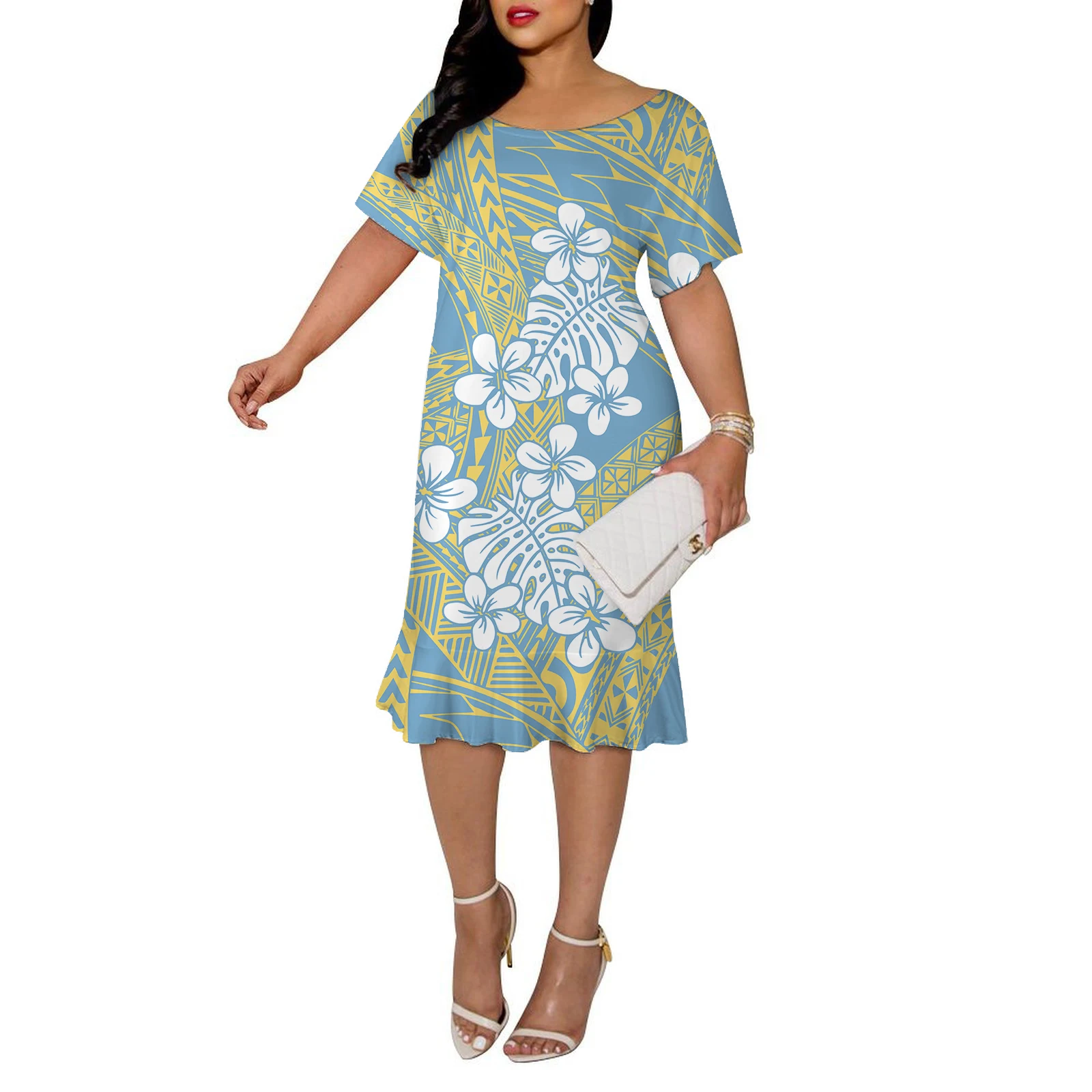 Best Seller Polynesian Elei Tribal Design Custom Elegant Large Round Nneck Short Sleeve Fishtail Dress Party Dress