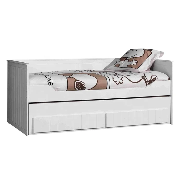 modern solid wood single twin day sofa platform bed with trundle bed  and drawers white light gray