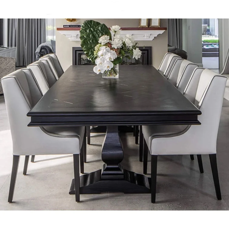 High quality French solid wooden long black Rectangle Parquet dining table designs