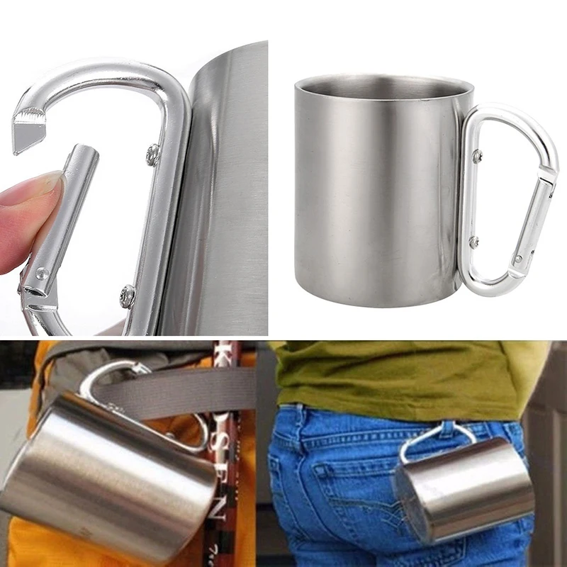 Stainless Steel Coffee Cup Camping Travel Mug Double Wall Mug With Carabiner Hook Handle Tumbler Cups
