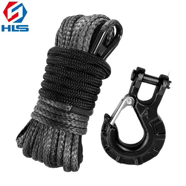 High Tensile 12 Strands Braided UHMWPE Synthetic Winch Rope 1/4' x 50 ft winch rope with 3/8' Winch Hook
