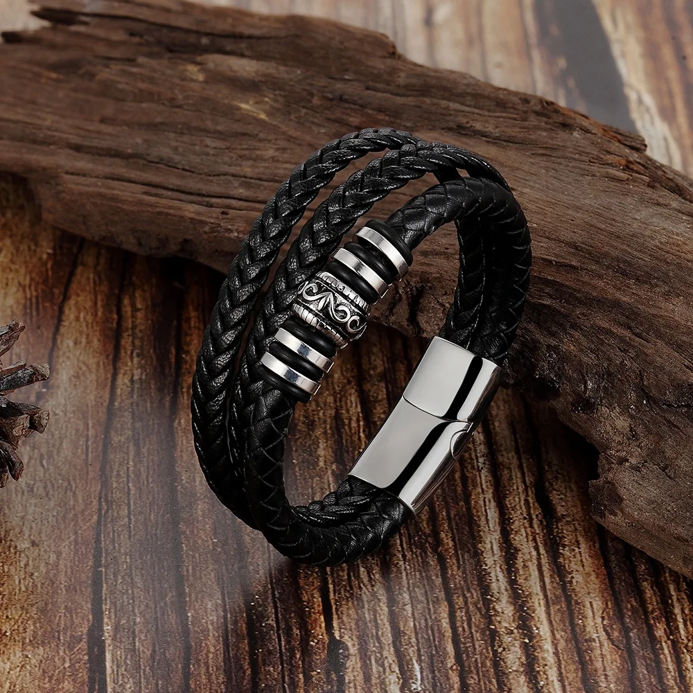 Trendy 2019 men fashion brown black Genuine Leather magnet close Cuff  costume  bracelets